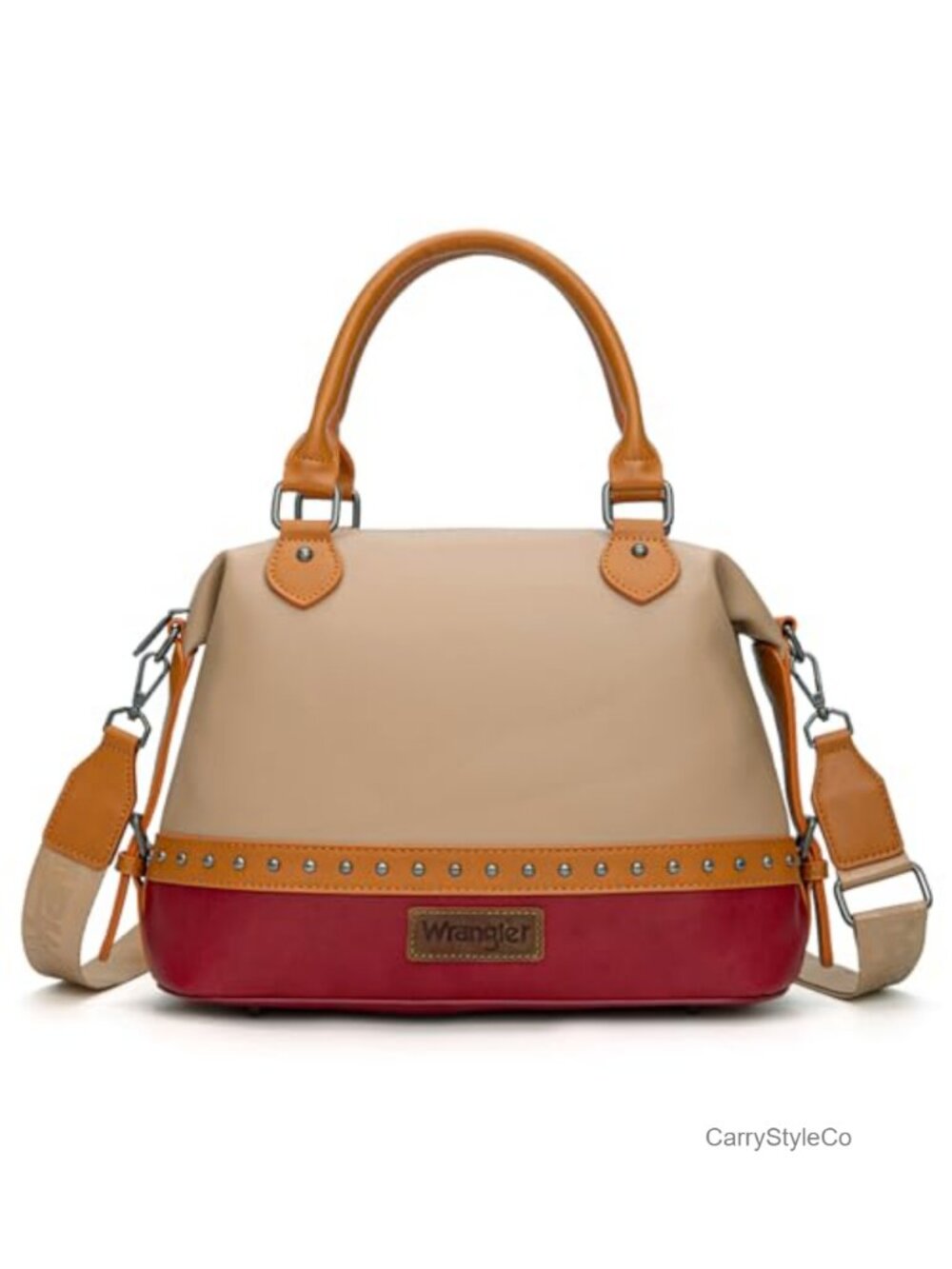 Wrangler Two-Tone Vegan Leather Satchel Purse Top Handle Barrel Handbag